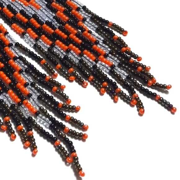 Long Orange Black Beaded Tassel Statement Earrings Boho Fringe Bohemian Tassels - Picture 4 of 6
